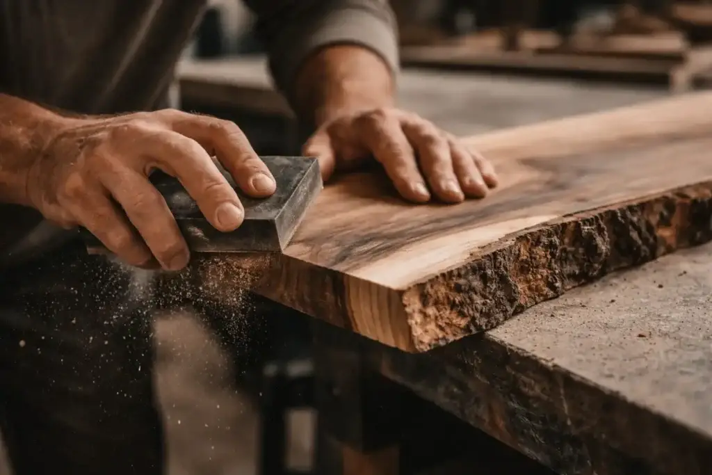 Handarbeit in der Werkstatt: Schleifen von massivem Holz