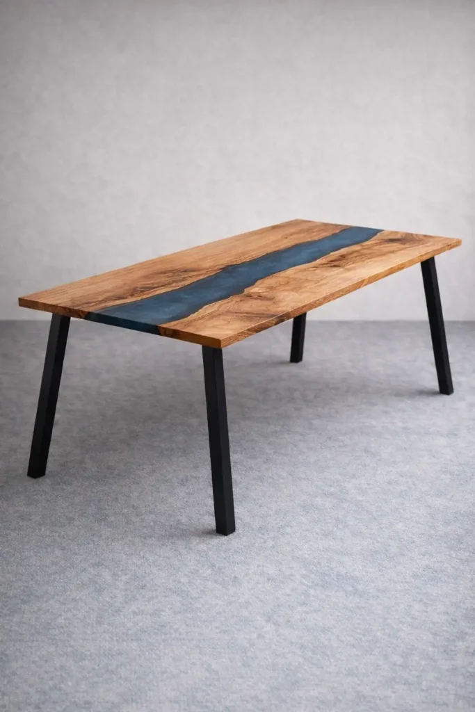 Massiver Holztisch mit Epoxidharz und schwarzen Stahlbeinen – handgefertigt