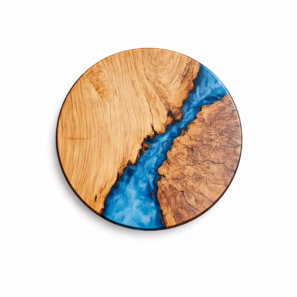 Handgefertigte Wanduhr aus massivem Holz mit blauem Epoxidharz – NordicHarz